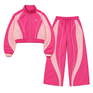 Survêtement coupe-vent color block pour femme, veste zippée personnalisée et pantalon de jogging large, logo brodé contrastant, athleisure - Product Image 5