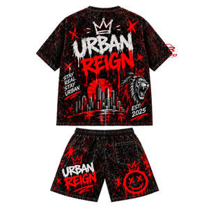 Urban Reign Men's T-<b>Shirt</b> Shorts Set Crew Neck Knitted Breathable Summer Street Style Print Design - Product Image 2