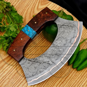 Couteau Ulu artisanal en acier inoxydable avec manche en bois et incrustation turquoise, léger et multifonctionnel pour la cuisine - Product Image 6