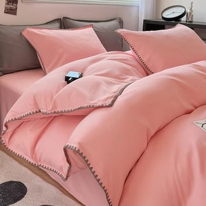 Ensemble de housse de couette gris à bordure en dentelle avec fermeture éclair, couleur unie pour la maison - Product Image 5