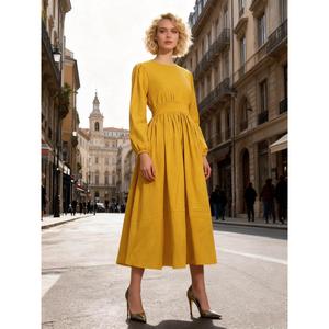 Robe longue bohème unie jaune moutarde pour femme, col en V, manches longues, taille haute élégante, coupe fluide, style décontracté, robe midi - Product Image 2