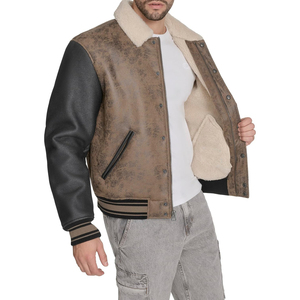<b>Men's</b> <b>Brown</b> Varsity <b>Jacket</b> With Faux Fur Collar <b>Leather</b> Sleeves Button Closure Casual Winter Wear Regular Fit Solid Color - Product Image 1