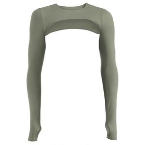 Camiseta de Yoga de Manga Larga Verde Oliva sin Costuras para Mujer, Cuello Redondo, Corte Entallado, Color Sólido, Ropa Deportiva - Product Image 3
