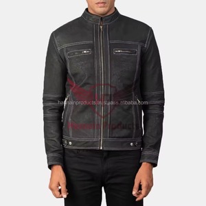 Chaqueta de Motociclista Negra para Hombre, Cuello Alto, Cierre de Cremallera, Corte Ajustado, Acabado Lavado, Color Sólido, Largo Regular, Estilo Biker - Product Image 4