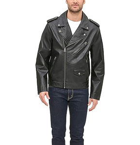 Chaqueta de cuero genuino color marrón para hombre, con cuello vuelto, cierre de cremallera, estilo casual, para invierno. - Product Image 1