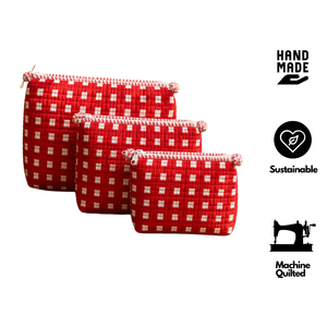 Red Hand Crafted Block Print Quilted Cosmetic Bag Set with White Checkered Pattern Zipper Closure Travel <b>Storage</b> <b>Makeup</b> Pouches - Product Image 2