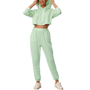 Custom Womens Cropped Sweatsuits Cotton Fleece Tracksuit <b>Set</b> Relaxed Fit Gym Wear Printed Logo Apparel OEM Pakistan - Product Image 1