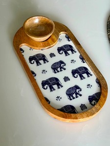 Royal Elephant <b>Wooden</b> <b>Serving</b> <b>Platter</b> with bowlWooden <b>Platter</b> with Brass Bowl Polished Finish Customizable Size for Holiday - Product Image 6