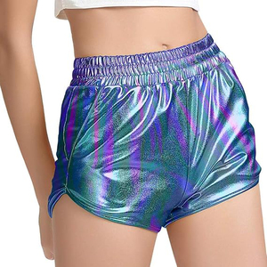 Holographic Shorts Women Purple Blue Green Iridescent Wide Elastic Waist Side Pocket Rainbow Shimmer Rave - Product Image 3