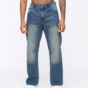 Jean en denim tissé coupe bootcut pour homme, taille mi-haute, coupe droite, avec logo brodé sur le devant, style vintage, décontracté, en coton, printemps-hiver - Product Image 4