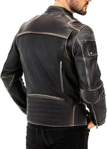 Veste en cuir d'agneau véritable de style vintage pour homme, effet vieilli, noire, style motard, veste de motard Cafe Racer - Product Image 6