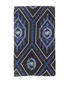 Tissu en coton noir de jais en gros avec broderie géométrique losanges bleu roi, bleu ciel et blanc et bordure pour vêtements - Product Image 2