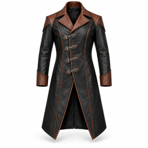 <b>Men's</b> Gothic Leather <b>Trench</b> <b>Coat</b> Black Brown Two Tone Long Overcoat with Metal Buckles - Product Image 1