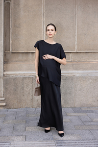 Conjunto de Dos Piezas para Mujer, Verano, Mezcla de Seda, Color Sólido, Asimétrico, Elegante, Corte Diagonal, Cuello Redondo, Manga Corta, Falda Informal y Camisa - Product Image 2