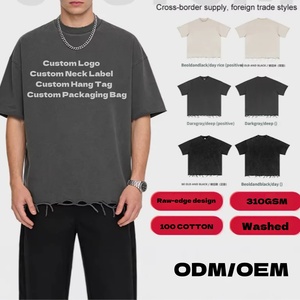 T-shirt en maille oversize à col rond et manches courtes pour homme, 100 % coton, bords bruts lavés, design streetwear, coupe ample, écoresponsable - Product Image 5