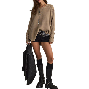 Camiseta de Manga Larga con Cuello Redondo y Tejido Waffle Extra Grande Personalizada para Mujer, Color Oliva, Transpirable, Corte Holgado, Informal, para Todas las Temporadas - Product Image 1