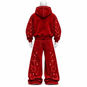 Ensemble de survêtement personnalisé à capuche, manches longues, imprimé flamme en strass, délavé à l'acide, streetwear unisexe adulte, automne, cordon de serrage, coupe classique - Product Image 2