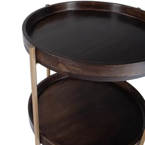 Modern Round Wooden Side <b>Table</b> with Gold Metal Frame Two-Tier Design for Living Room Indoor Furniture Decoration - Product Image 2