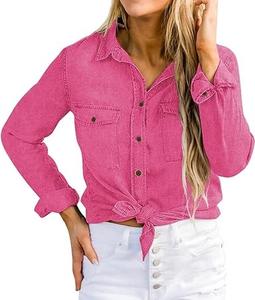Camisas de mezclilla para mujer al por mayor, color rosa, elásticas, con bolsillos en el pecho, estilo vintage, lavado ácido, moda urbana - Product Image 6
