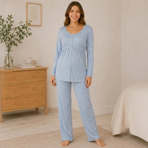 Conjunto de pijama de maternidad para mujer, manga larga, largo completo, patrón de puntos azules, algodón transpirable, cuello redondo, corte recto, ropa de otoño - Product Image 1