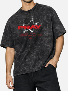T-shirt graphique surdimensionné Pray, style vintage délavé à l'acide, inspirant, streetwear à thème religieux, noir délavé - Product Image 5