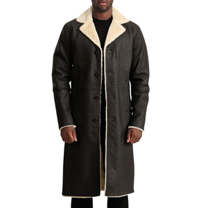 <b>Men's</b> Brown Genuine Leather <b>Shearling</b> Coat Knee Length Single Breasted Notched Lapel Wool Lined Overcoat - Product Image 5