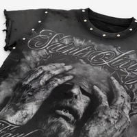 T-shirts en coton tricoté surdimensionnés pour hommes, style streetwear, délavés à l'acide, ornés de strass, imprimés personnalisés, écologiques, anti-UV et respirants