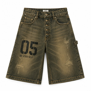 Washed Olive Denim Jorts Men Baggy Y2K Streetwear <b>Shorts</b> with Distressed Finish & Utility Loop Low MOQ Wholesale - Product Image 2