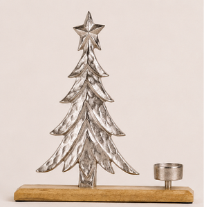 High Quality Handcrafted Silver Aluminum Metal Christmas Tree Candle Holder With Natural Mango Wood Base For Holiday Home Table - Product Image 1