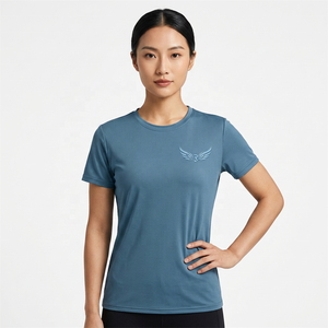 Camiseta de Manga Corta Azul Sólido para Hombre con Logotipo de Ala en Relieve, Secado Rápido, Tejido de Punto, Corte Regular, Cuello Redondo, Ropa Deportiva Informal - Product Image 5