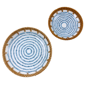 Handmade Ceramic Vintage Durable Serving <b>Bowl</b> Eco-Friendly Rattan Woven Edge Decorative <b>Blue</b> Dot Spiral Pattern Home Kitchen - Product Image 5