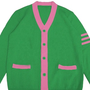 Cárdigan de punto grueso de acrílico con botones y cuello en V, estilo universitario, verde y rosa, a la moda, holgado, para invierno, venta al por mayor - Product Image 4