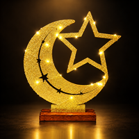 Lampe de table en forme de croissant de lune et d'étoile avec paillettes dorées pour l'Aïd du Ramadan, avec LED blanc chaud sur base en bois pour la décoration de la maison