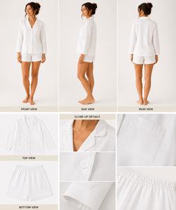 Ensemble de pyjama bohème 2 pièces en coton Oxford blanc pour femme, col en V, avec poches, short décontracté, respirant et écologique pour le printemps/été - Product Image 4