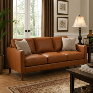 Genuine Leather Three Seat <b>Sofa</b> <b>With</b> Wood Legs Tight Back Square Arms Traditional Living Room Furniture Leather <b>Sofa</b> - Product Image 1
