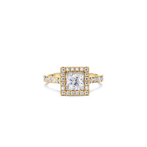 Bague de fiançailles en moissanite taille princesse avec halo de diamants en or jaune 14 carats, bande pavée, pour mariage, promesse ou anniversaire - Product Image 1