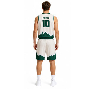 Ensemble de maillots de basket-ball sublimés personnalisés pour adultes |   Uniforme d'équipe blanc et vert avec motif montagne en polyester anti-humidité - Product Image 5