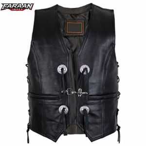 Chaleco de Cuero Original para Hombre, Estilo Motociclista, Cuello en V, Cierre de Botón, Cintura Ajustable, Bolsillos, Ropa Exterior para Otoño, Invierno y Primavera - Product Image 1