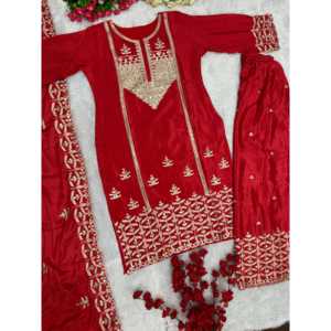 Salwar Kameez de poliéster rojo de diseñador para fiesta, conjunto de top, pantalón y dupatta con trabajo de lentejuelas, talla M ST - Product Image 6