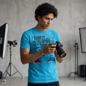 Men's Blue Short Sleeve T-Shirt With <b>Camera</b> <b>Print</b> Pattern Casual O-Neck Jersey Regular Fit 100% Cotton Breathable Design - Product Image 3