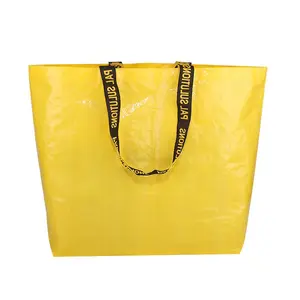 Bolsas tejidas laminadas de PP para compras, tamaños personalizados, bolsa de asas tejida de polipropileno laminado con correa de nailon, botón cerrado