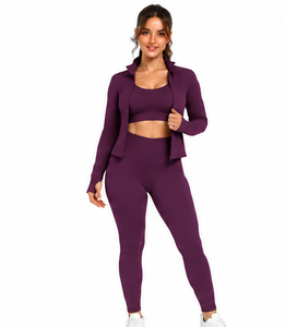 Custom Logo 3 Piece Women Yoga Set Wholesale Fitness Gym Leggings Crop Top <b>Jacket</b> Moisture Wicking Stretch Sportswear <b>Workout</b> - Product Image 1