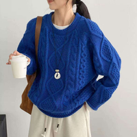 Pull en maille torsadée à col rond anti-rides pour femme, manches régulières, couleur unie, coupe ample, tricot décontracté d'hiver