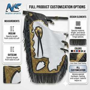 Pantalones de montar de cuero genuino blanco y negro personalizados, estilo vaquero occidental, con adornos metálicos dorados y conchos plateados, de resistencia media. - Product Image 3