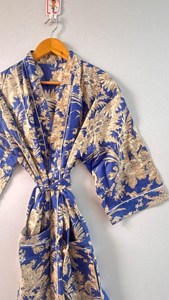 Elegante Vestido Kaftán de Algodón con Estampado Floral Azul, Cintura Ajustable, Estilo Bohemio, Casual, para Vacaciones de Verano - Product Image 3
