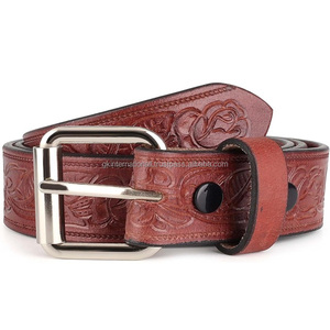 Classic Full Grain Western <b>Engraved</b> <b>Tooled</b> Leather Belt with Snap Button for Interchangeable Buckle <b>Tooled</b> Leather Belt - Product Image 3