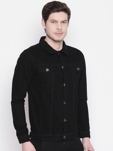 Veste en jean noire pour homme, col rabattu, fermeture boutonnée, coupe ajustée décontractée, pour l'automne, couleur unie, en coton et fibre de bambou tissée - Product Image 2