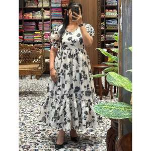 ชุดเดรสแม็กซี่ผ้าฝ้ายพิมพ์ลายดอกไม้สำหรับผู้หญิงแขนสั้นทรงเอไลน์ชุดลำลองฤดูร้อน - Product Image 1