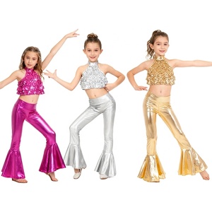 6-16 Kids Girls <b>Sequin</b> Jazz Dance Costumes Performance Costume <b>Crop</b> <b>Top</b> With Bell-Bottom Metallic Pants For Stage Shows Parties - Product Image 1