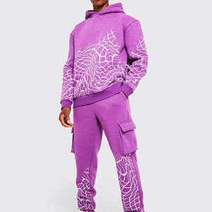 Ensemble de survêtement pour homme, violet uni, à fermeture éclair, à capuche, manches longues, style streetwear, design 2 en 1, coupe classique, vêtements d'automne - Product Image 1